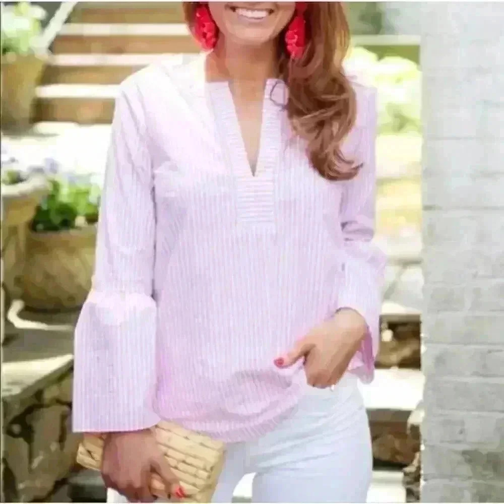 J. Crew Striped Bell-Sleeve Top Blouse Pink White Size 2P